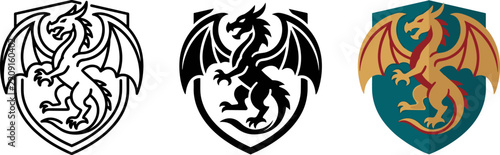 Set of three dragon shield crest logos in line art, solid black silhouette, and flat colored vector styles