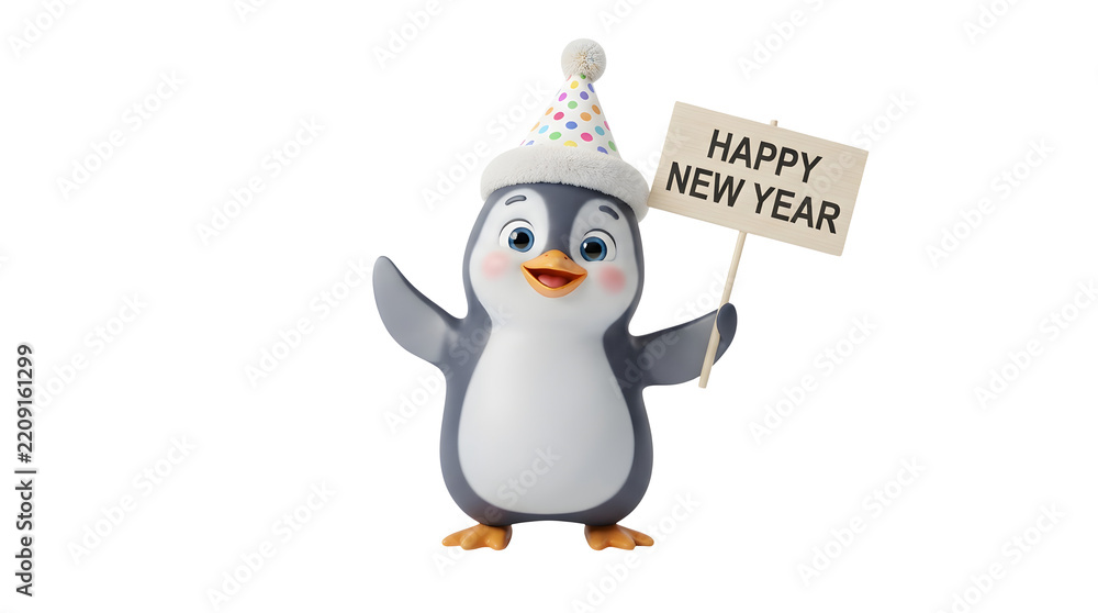Fototapeta premium Cute d cartoon penguin wearing a festive polka dot party hat and holding a wooden sign that says happy new year isolated on a transparent background for seasonal celebratory greeting designs