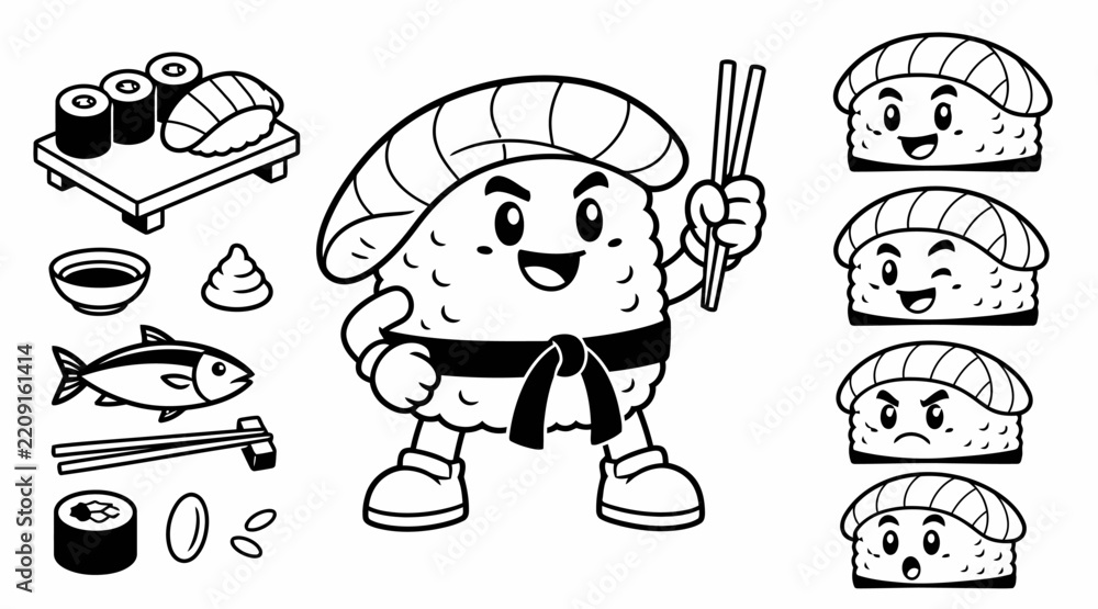 Obraz premium Kawaii sushi roll mascot with Japanese food icon set.
