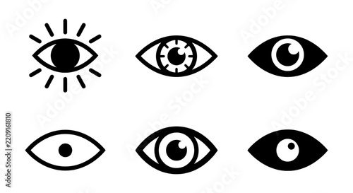 Six different eye icons are presented in black silhouettes on a clean white background.