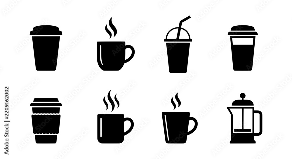 Fototapeta premium Collection of black silhouette icons representing various hot and cold beverages and coffee brewing equipment.