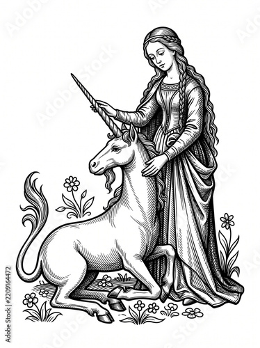 Woman brushing a unicorn in a detailed vintage illustration  