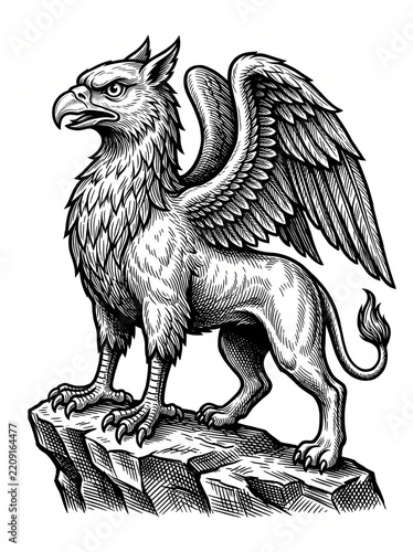 Griffin standing majestically on a rock with detailed feathers  