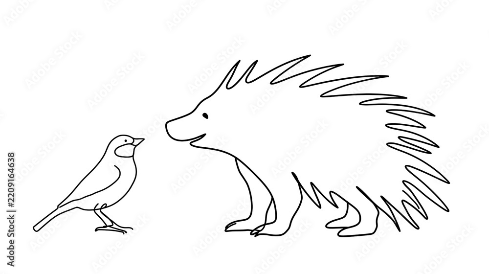 Obraz premium Linear sketch of a porcupine and a small bird facing each other isolated on transparent background PNG element