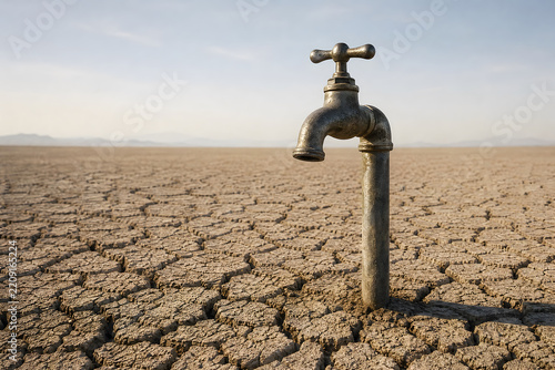     A single metal water faucet standing over completely dry cracked earth, no water emerging, severe water shortage and drought concept