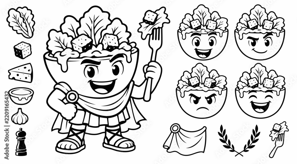 Fototapeta premium Caesar salad character kit with historical theme and ingredients.