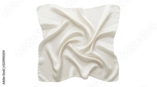 A square ivory silk scarf with smooth flowing folds and delicate drapes arranged neatly in the center of a clean solid white background for minimalist fashion apparel and textile design presentations