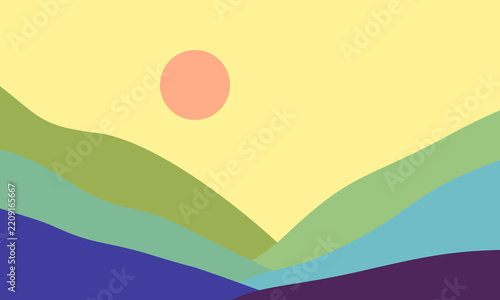Flat vector illustration of colorful minimalist mountain hills landscape with sun in yellow sky. Abstract modern countryside backdrop template with copy space for banner, poster, cover.