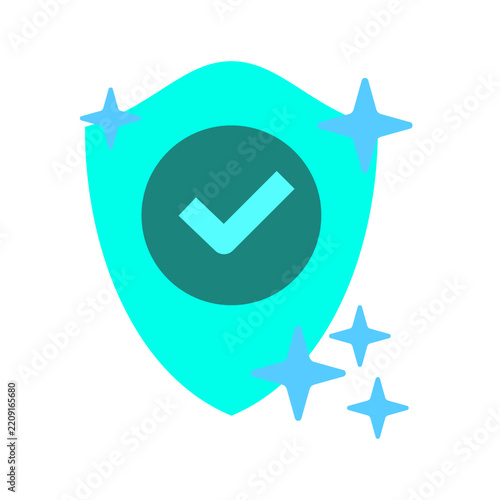 Flat vector illustration of turquoise hygiene symbol shield with checkmark and sparkles isolated on white background. Clean health safety guarantee emblem template for product banner.