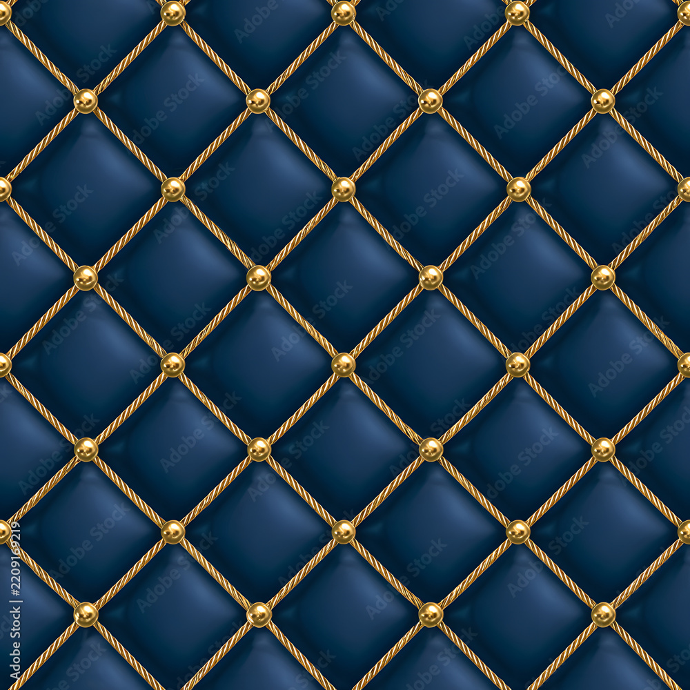Obraz premium A seamless pattern of dark blue quilted fabric, forming a diamond pattern, is adorned with golden cords that intersect, their points embellished with tiny golden studs