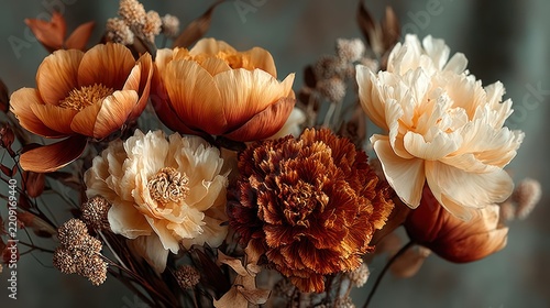 Close-up of lush bouquet showcasing warm hues of orange and ivory, with subtle blurred background