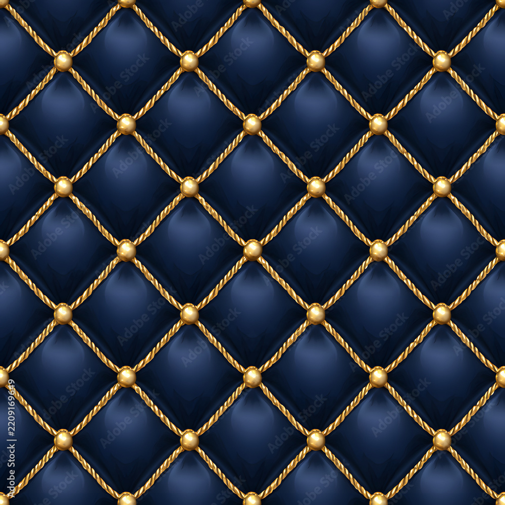 Obraz premium Dark blue quilted fabric with a diamond pattern, seamlessly formed, features golden cords crossing each other and small gold studs at the intersections