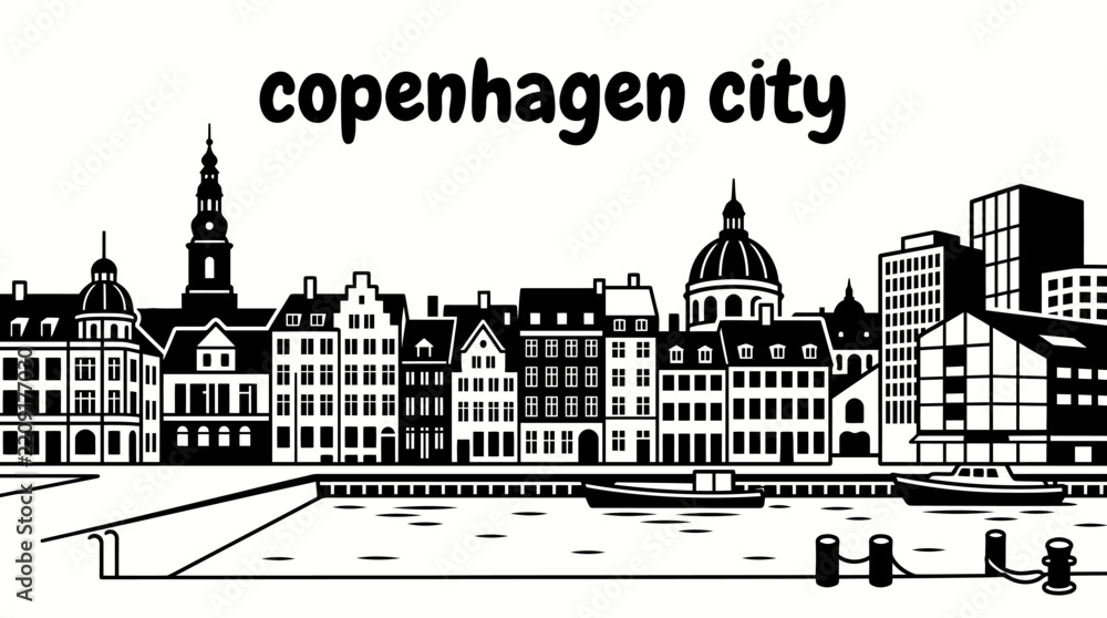 Obraz premium copenhagen denmark city skyline urban vector architecture downtown landmark travel tourism world famous canals bicycles castles nordic design cuisine harbor lifestyle