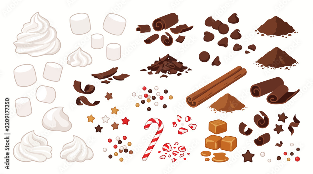 Fototapeta premium Assorted Hot Chocolate Toppings Including Whipped Cream Marshmallows Cinnamon Sticks and Candy Cane Vector Illustration