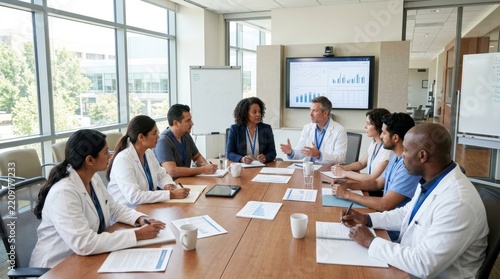 Diverse group of medical professionals discussing patient care strategies during a meeting in a bright conference room