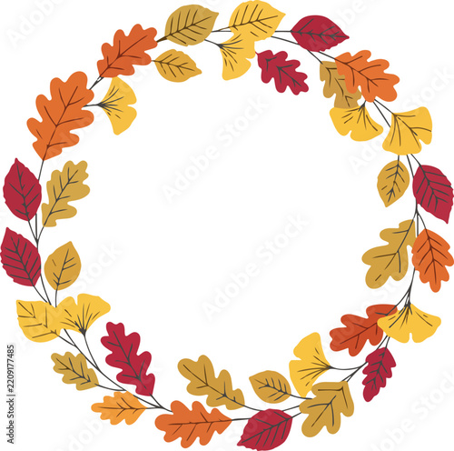 Autumn harvest leaf wreath with colorful oak and ginkgo foliage seasonal illustration isolated