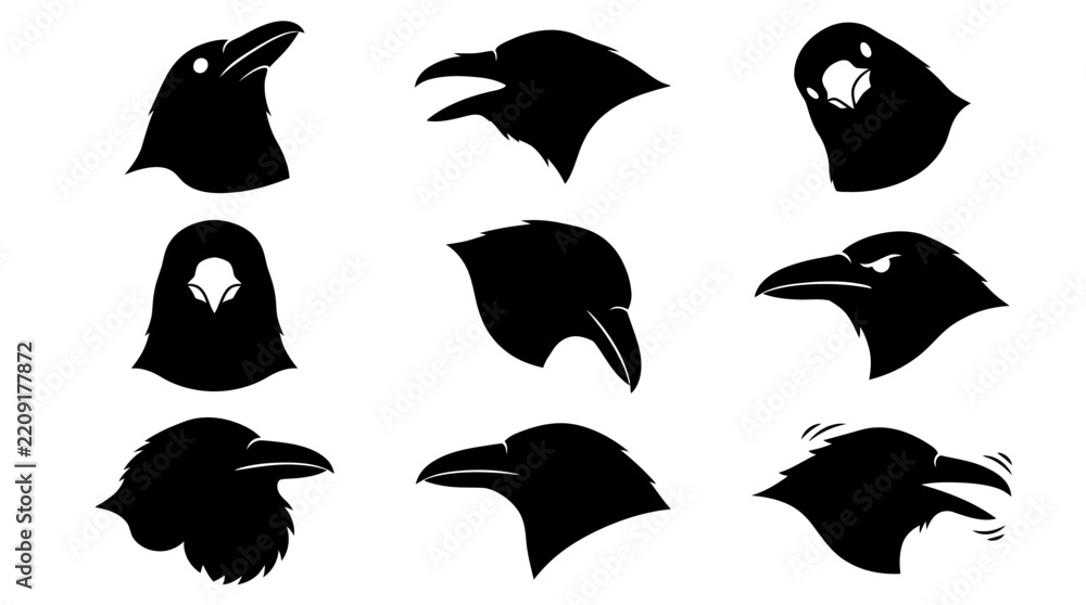 Fototapeta premium Set of Minimalist Black Crow Head Silhouettes for Wildlife Illustration and Nature Graphic Design Projects