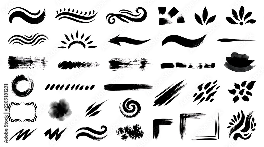 Obraz premium Clean Monochrome Brush Stroke Assets and Decorative Oriental Design Elements