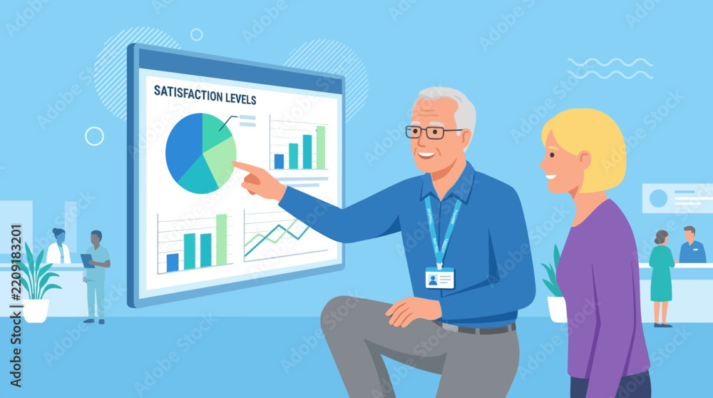 Obraz premium Senior man pointing at satisfaction graph, business meeting, diverse team
