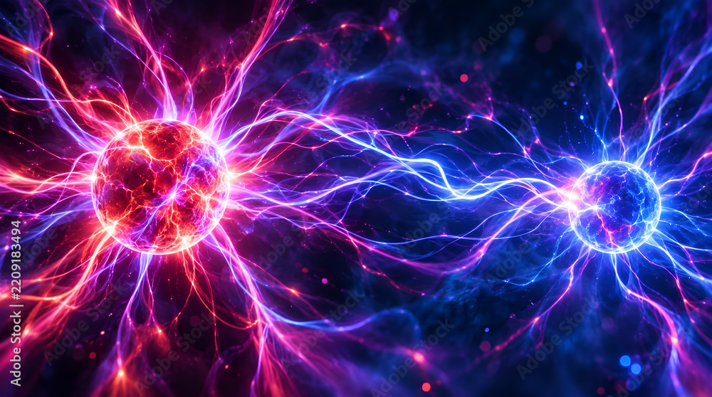 Fototapeta premium Abstract scientific background featuring glowing red and blue plasma spheres connected by crackling electrical energy and cosmic particles in a dynamic cosmic digital space
