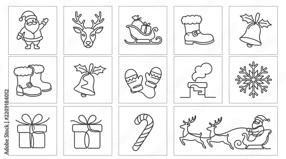 Fototapeta premium Set of Minimalist Continuous Line Art Christmas Holiday Icons and Elements