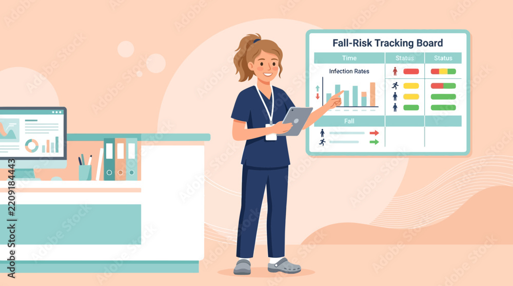 Obraz premium Nurse with Tablet by Fall-Risk Tracking Board in Hospital Office