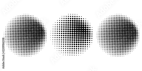 Set of halftone dots pattern texture isolated on white background. Dotted spots using halftone circle dot raster texture collection. Vector half tone collection.