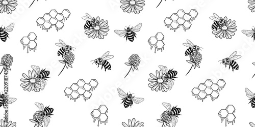 Seamless pattern with flying bee and flowers sketch. Vector print with wild insect, monochrome hand drawn vintage line graphic wooden honey dipper with drips