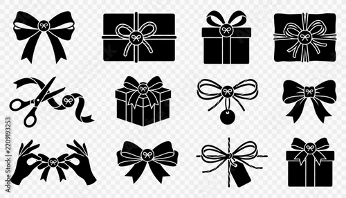 Set of black gift box and ribbon bow icons for holiday celebration and festive design projects