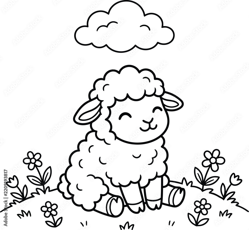 Obraz premium Cute lamb sitting in a field of flowers with a fluffy cloud above