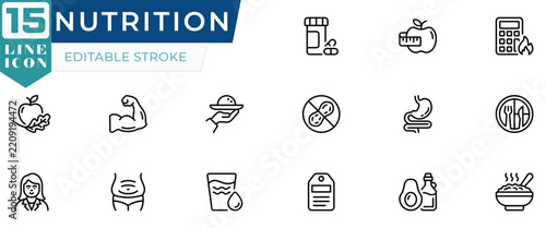 Nutrition icon set. Editable Stroke Vector Set. Line Icon.