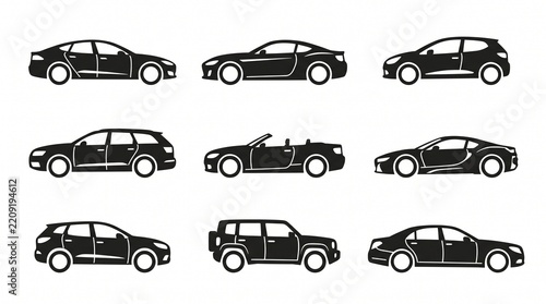 Modern automobile icon collection featuring sedans, coupes, hatchbacks, SUVs, and vans, detailed side-view silhouettes, transportation theme, clean vector illustration set.