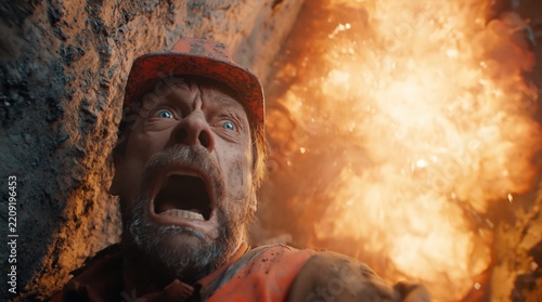 A worker screams beside a blazing industrial fire. A low-angle close-up shows his hard hat, beard, rough wall, and flames. Workplace disaster and emergency response concept.