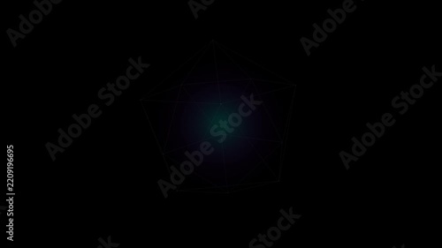 Abstract geometric prism rotating with glowing particles on black background