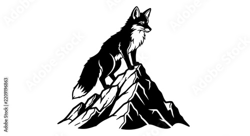 Black Fox Standing on Rocky Mountain Peak, Isolated