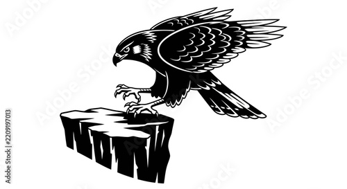 Fierce Falcon Landing on Rocky Ledge, Isolated Vector Illustration