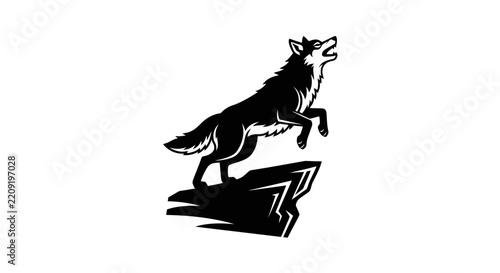 Howling wolf jumping on a rock, isolated, black and white vector illustration