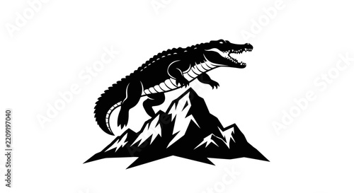 Isolated alligator jumping over mountain peak, black silhouette, transparent background