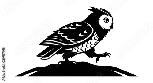 Isolated black and white owl illustration walking, graphic design element