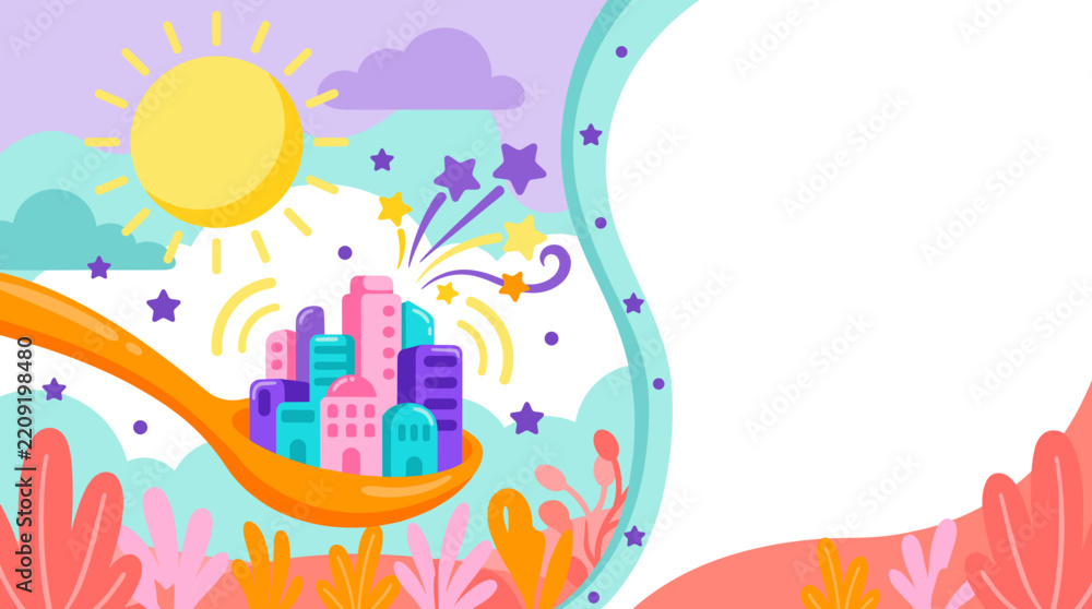 Obraz premium Bright sun shines above whimsical cityscape. Colorful buildings float on a spoon above vibrant grass. Stars burst from the spoon, adding magical charm