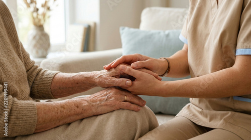 Caring Hands: Nurse Gently Holds Elderly Patient's Hands, Comfort and Support
