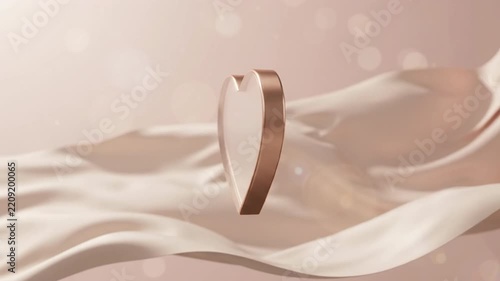 Rotating Metallic Rose Gold Heart Frame with Flowing Silk Fabric on Soft Bokeh Background, Romantic Motion Graphic, 4K
