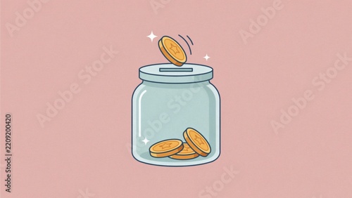 Flat vector illustration depicting gold coins dropping into a clear glass savings jar container with background subtle sparkling soft pink background