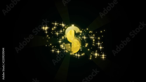 Golden dollar sign symbol rotating with glowing particles on black background