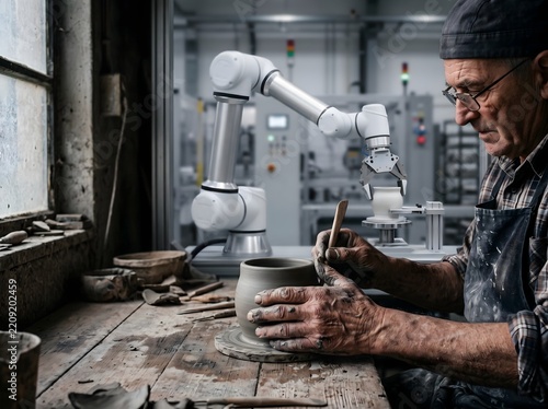 Senior potter shaping gray clay on wheel using wooden tool, wearing apron and cap, workshop with robotic arm machinery background.