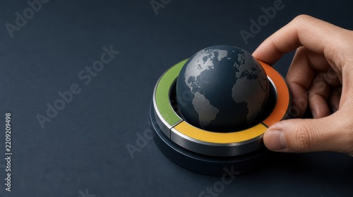 risk management insurance forecasting. Hand holding a black globe set in a circular gauge with green, orange, and yellow segments on a dark surface.