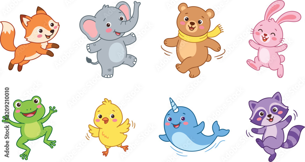 Fototapeta premium Cute Happy Dancing Animal Cartoon Character Vector Set Featuring Fox, Elephant, Bear, Rabbit, Frog, Chick, Narwhal, and Raccoon for Kids Designs
