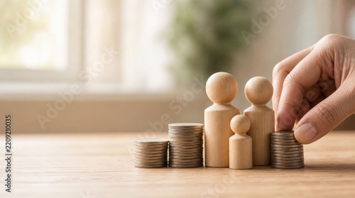 risk management insurance forecasting. Hand placing wooden family figures next to stacks of coins symbolizing financial planning and family budgeting.
