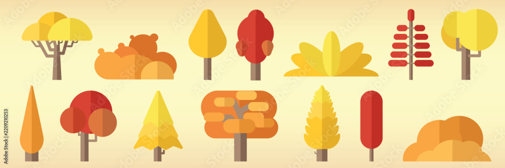 Obraz premium Vector illustration of various stylized autumn trees in warm colors.