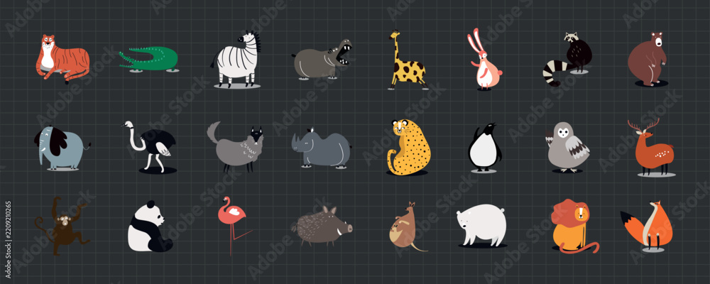 Fototapeta premium Vector of various cartoon animals on a dark grid background.